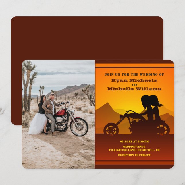 Invitation Moto Couple Mountain Sunset Mariage photo (Devant / Derrière)