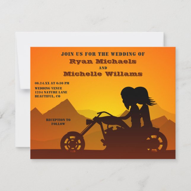 Invitation Moto Couple Mountain Sunset/Sunrise Mariage (Devant)
