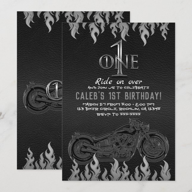 Invitation Moto en cuir noir en argent 1 UN 1er anniversaire (Devant / Derrière)