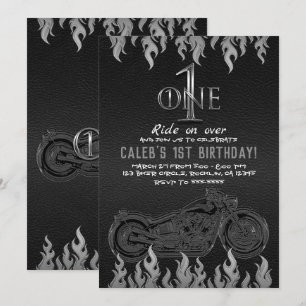 Invitation Moto en cuir noir en argent 1 UN 1er anniversaire