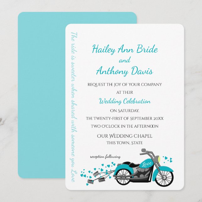 Invitation Moto et Coeurs Mariage Aqua (Devant / Derrière)