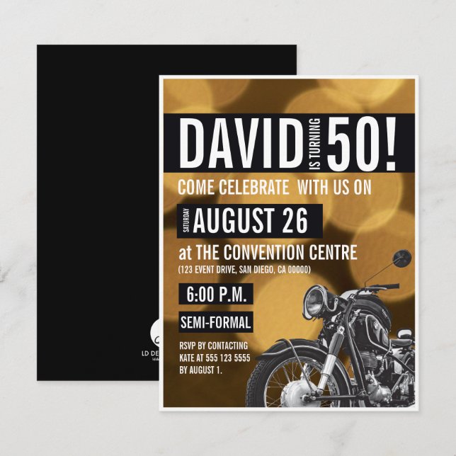 Invitation Moto thème 50e anniversaire fête Gold noir (Devant / Derrière)