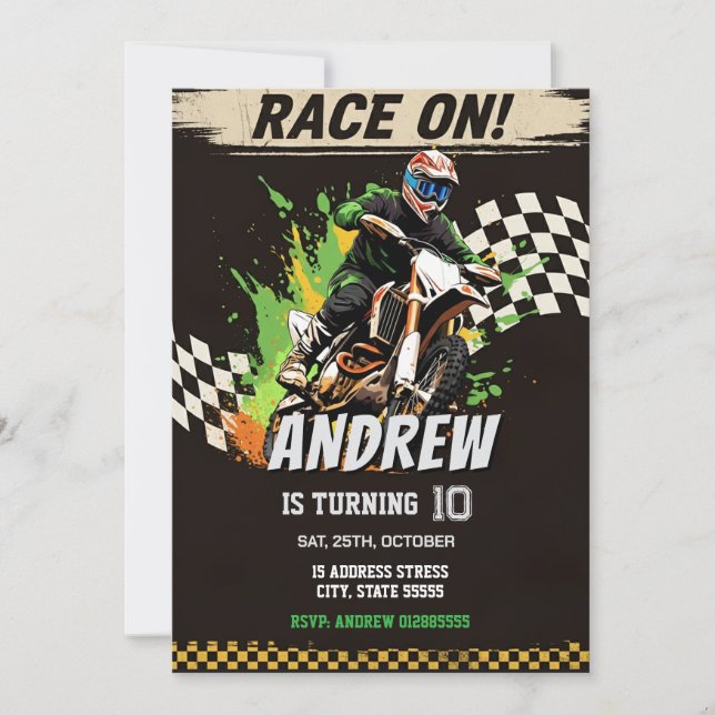 Invitation Motocross Dirt Motorbike personnalisée pour garçon (Devant)