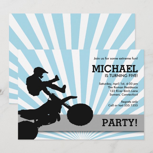 Invitation Motocross Dirtbike, Bleu (Devant / Derrière)
