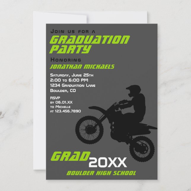 Invitation Motocross vert noir blanc noir Graduation (Devant)