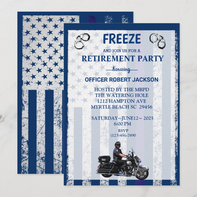 Invitation Motorcycle US Drapeau Police Officier Retraite (Devant / Derrière)