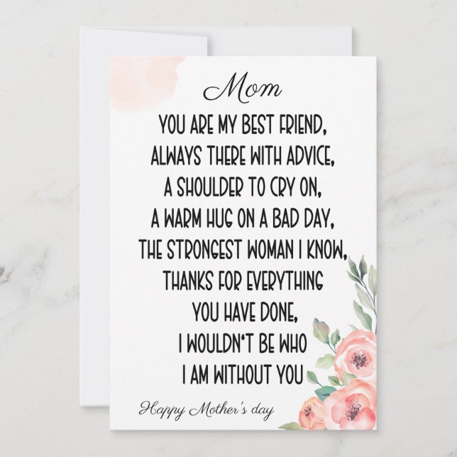 Invitation Mots sentimentaux Pour Maman, Bonne Fête des Mères (Devant)