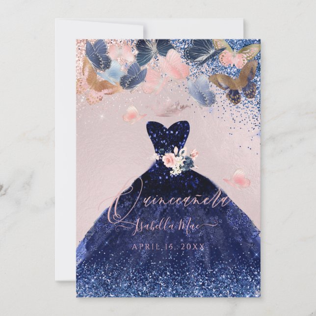 Invitation Mouches à papillons Quinceanera Blush Marine Parti (Devant)