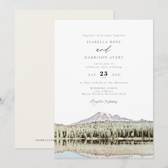 Invitation MOUNT RAINIER Aquarelle Mariage de montagne (Devant / Derrière)