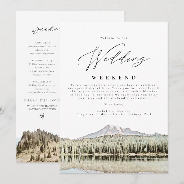Invitation MOUNT RAINIER Mountain Mariage Bienvenue Itinérair (Devant / Derrière)