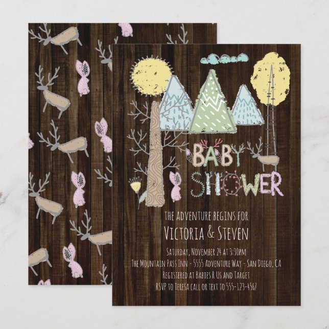 Invitation Mountain Adventure Baby shower aquarelle forêt (Devant / Derrière)
