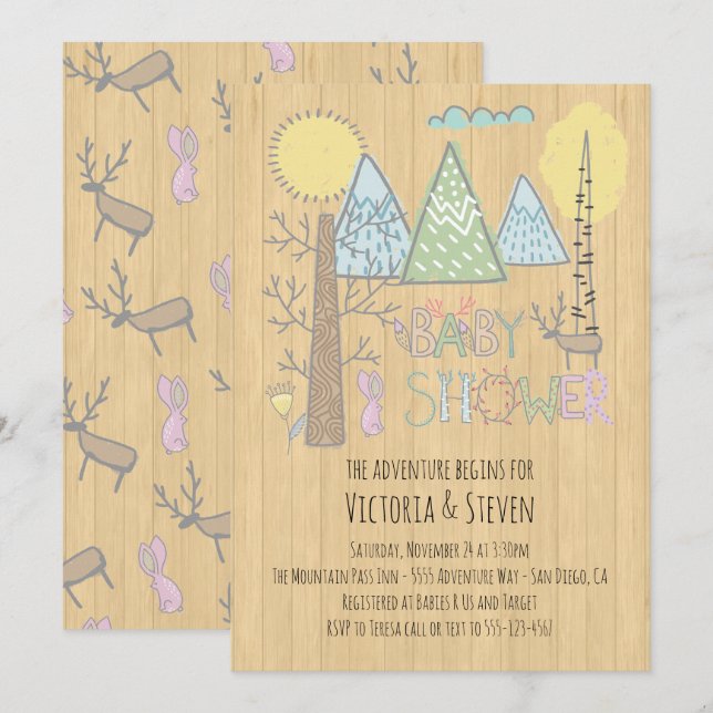 Invitation Mountain Adventure Baby shower aquarelle forêt (Devant / Derrière)