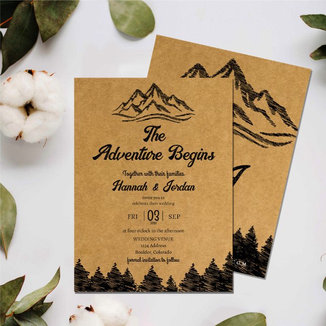 Invitation Mountain Adventure commence Rustic Woodsy Mariage (Créateur téléchargé)