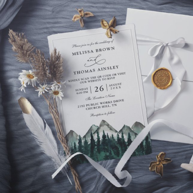 Invitation Mountain Forest Rustic Budget QR Code Wedding (Créateur téléchargé)