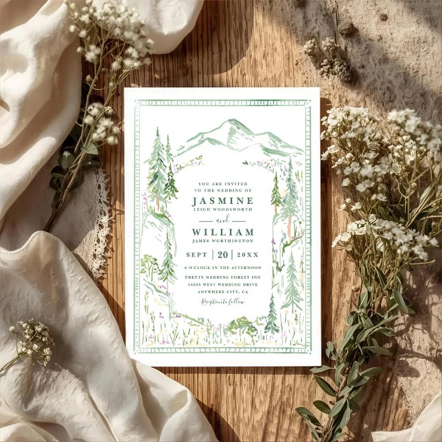 Invitation Mountain Forest Trees Rustic QR Code Wedding (Créateur téléchargé)