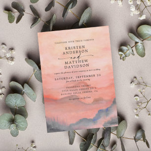 Invitation Mountain Rustic Sunset Watercolor Coral Mariage