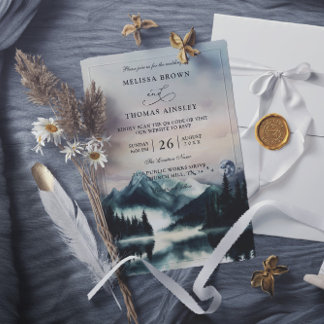 Invitation Mountain Trees Pine Rustic Budget QR Code Wedding