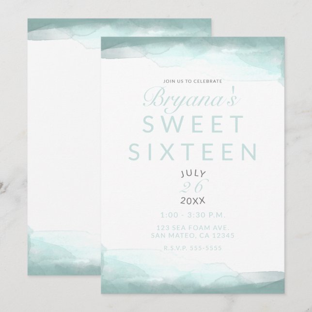Invitation Mousse de mer Vert aquarelle Moderne Chic Sweet 16 (Devant / Derrière)