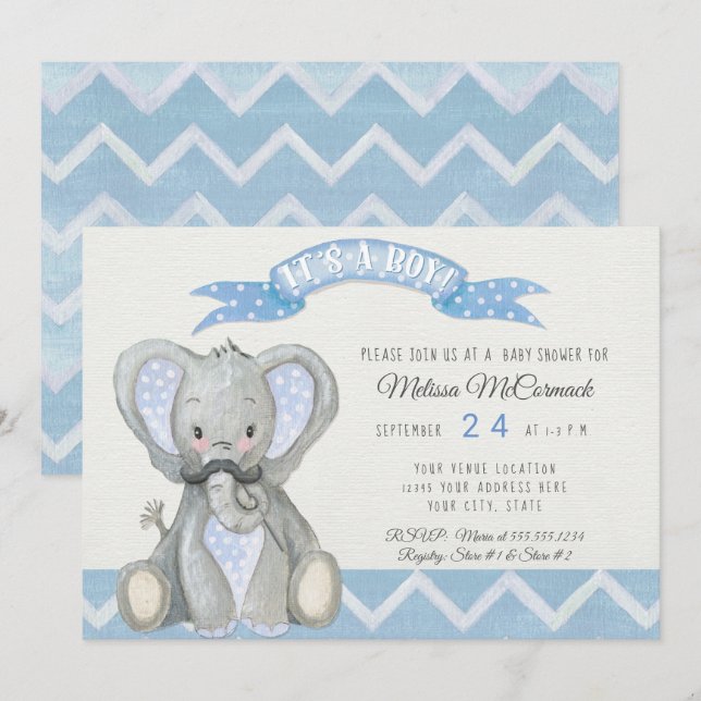 Invitation Moustache Cute Baby Elephant Garçon Douche Chevron (Devant / Derrière)