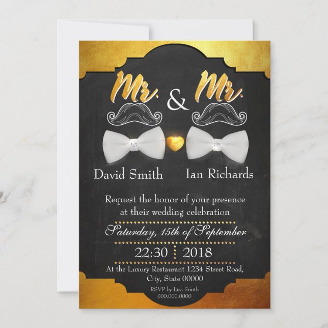 Invitation Moustache et arc pour Mr et Mr. (Devant)