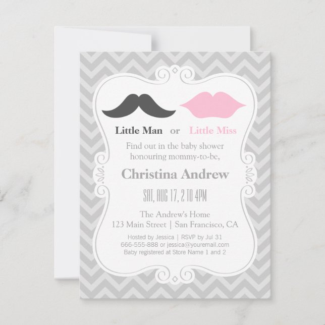 Invitation Moustache et lèvres Gris Baby shower de révélation (Devant)