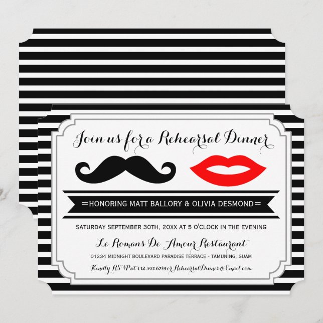 Invitation Moustache & Lèvres rouges Répétition Dîner Stripes (Devant / Derrière)
