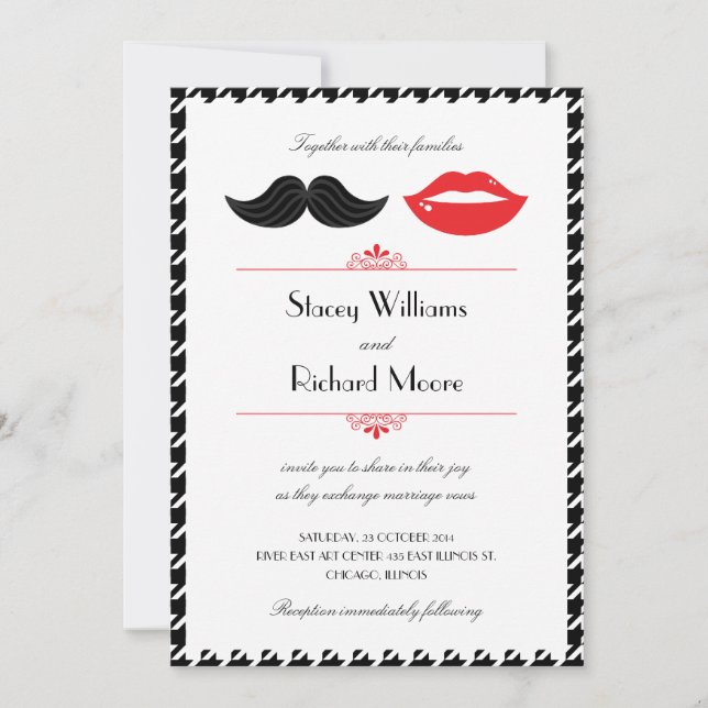 Invitation Moustache rouge, noir et blanc & lèvres Houndstoot (Devant)