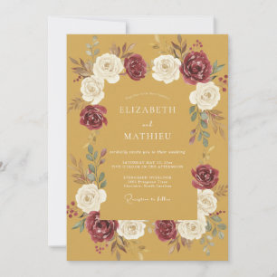 Invitation Moutarde Mariage Floral Romantique Bourgogne