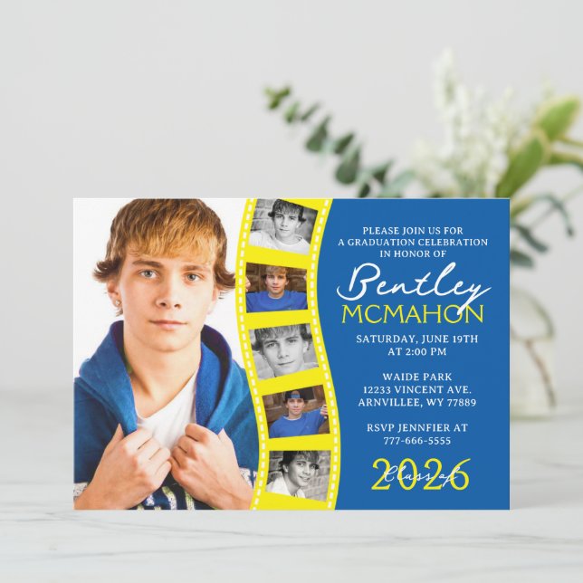 Invitation Moyenne Bleu & Jaune Photo Filmstrip Graduation (Debout devant)
