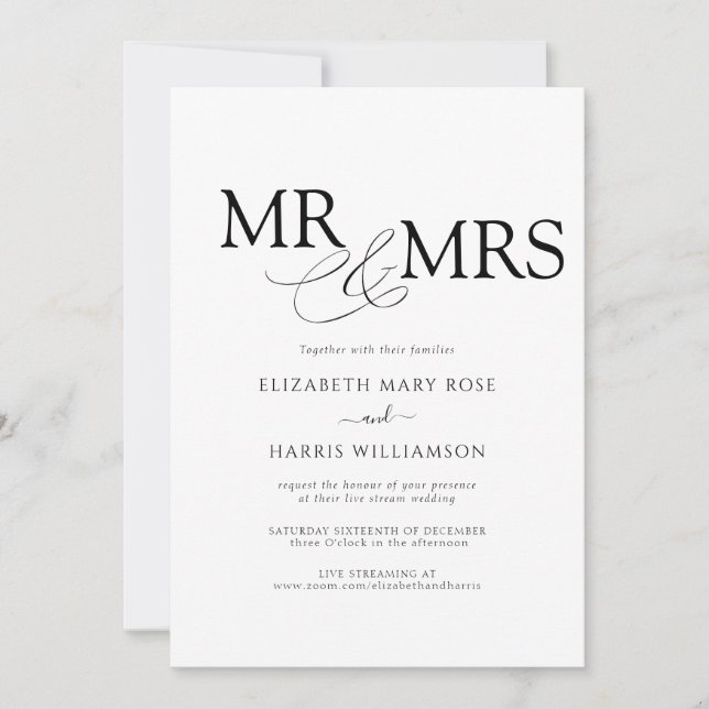 Invitation MR & MRS Live Stream Modern Black White Mariage (Devant)