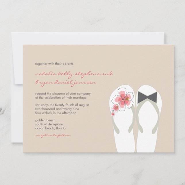 Invitation Mr & Mrs Pink Hibiscus Flip Flops Plage Mariage (Devant)