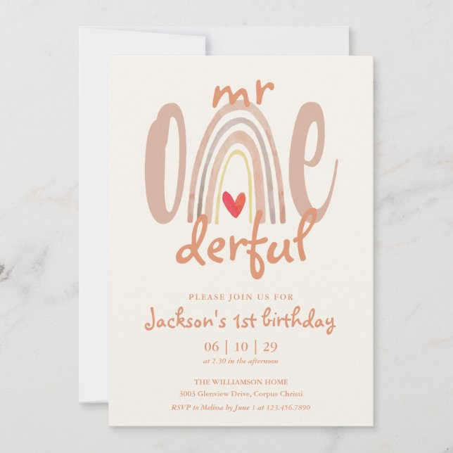 Invitation Mr Onederful Boho Rainbow Heart 1st Birthday (Devant)