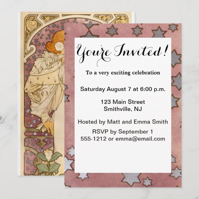 Invitation Mucha Art nouveau femme beauté (Devant / Derrière)