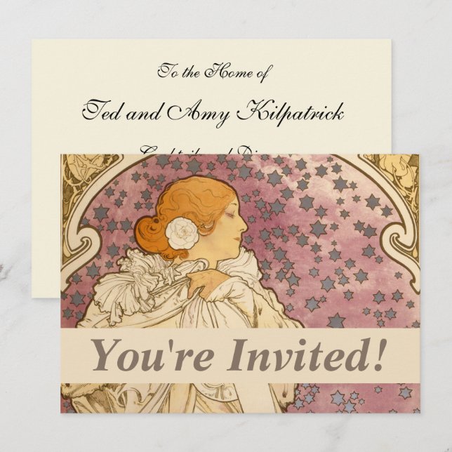 Invitation Mucha Art nouveau femme beauté (Devant / Derrière)