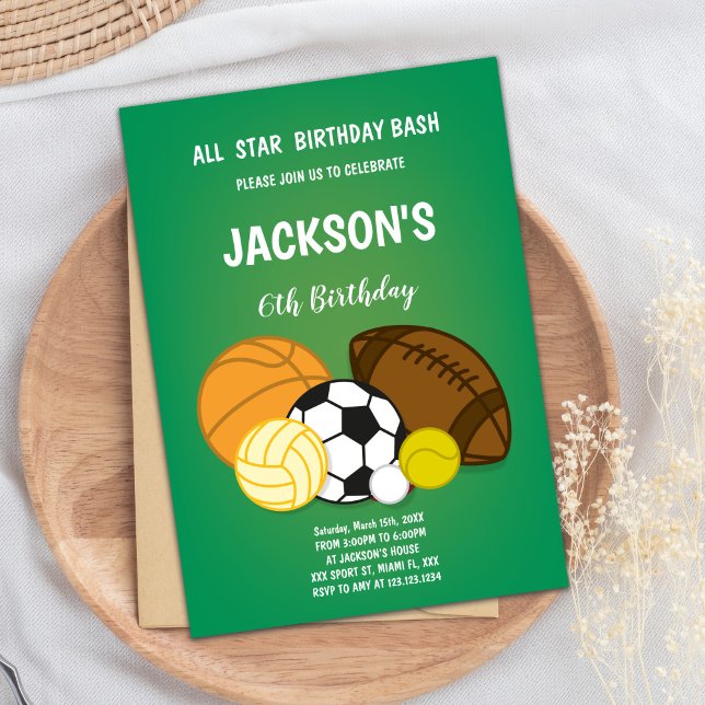 Invitation multisport pour garçons (Center Sports Balls Birthday Invitations)