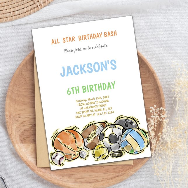 Invitation multisport pour garçons avec artiste (Watercolor shake Sports Birthday Invitations)