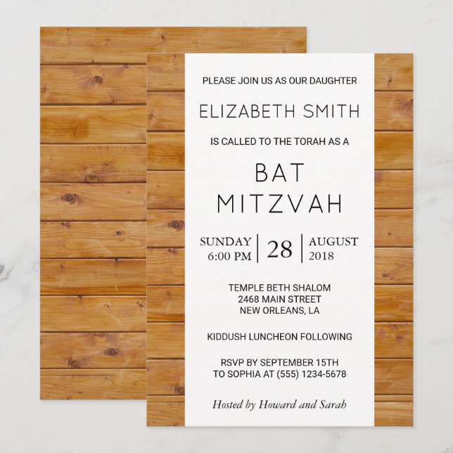 Invitation Mur de grange, Bois, Bat mitzvah rustique (Devant / Derrière)