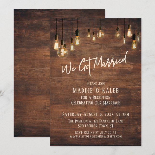 Invitation Mur en bois Brown avec lumières Edison, Nous nous  (Devant / Derrière)