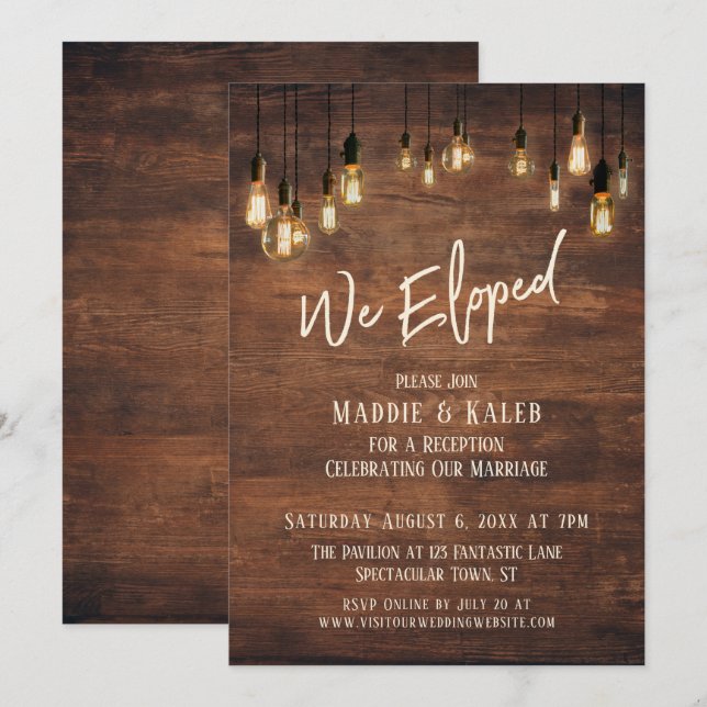 Invitation Mur en bois marron avec lumières Edison, Nous nous (Devant / Derrière)