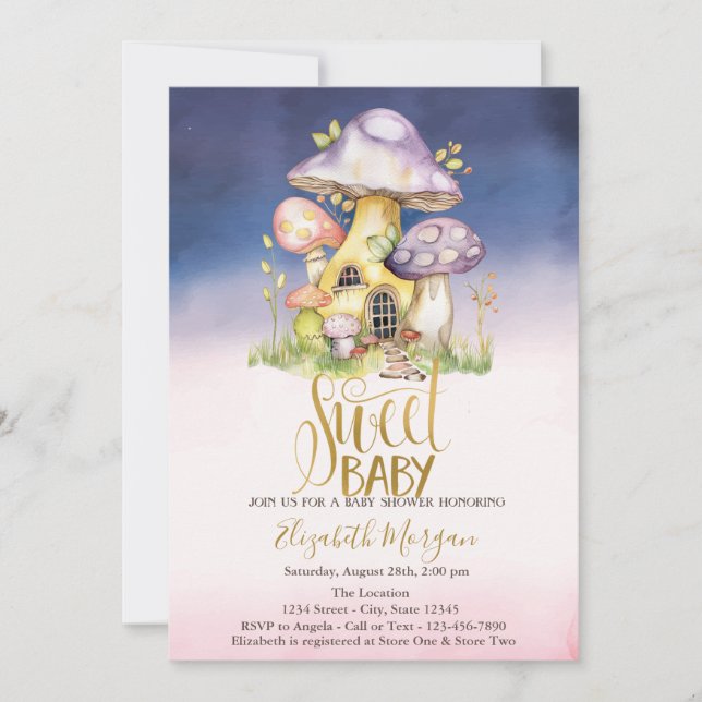Invitation Mushrooms - Points Fleurs Ombre Baby shower (Devant)