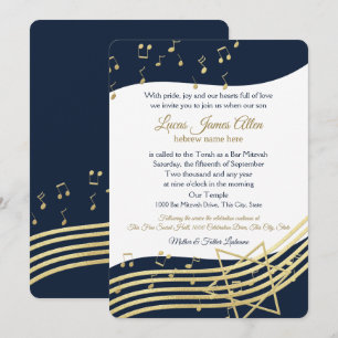 Invitation Music Bar Mitzvah Bleu et or avec changement de co