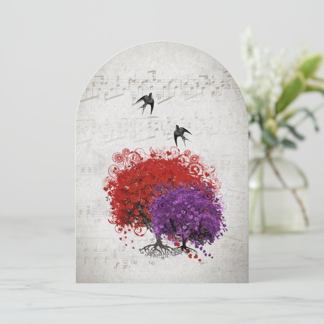 Invitation Musical Cardiaque Feuille rouge pourpre Mariage d' (Debout devant)