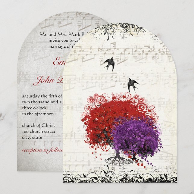 Invitation Musical Feuille de coeur Red Tree Vintage Birds Ma (Devant / Derrière)