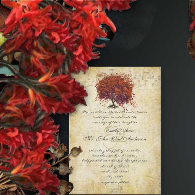 Invitation Musical Gold Coral Purple Kiss Coeur Leaf Arbre (Créateur téléchargé)