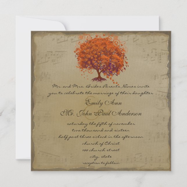 Invitation Musical Gold Orange Plum Heart Leaf Mariages (Devant)