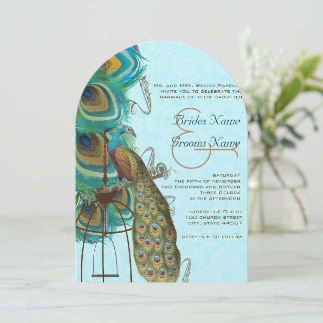 Invitation Musical Peacock Birdcage Mariage de plume (Debout devant)