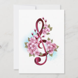 Invitation Musical treble clef notes with sakura flowers