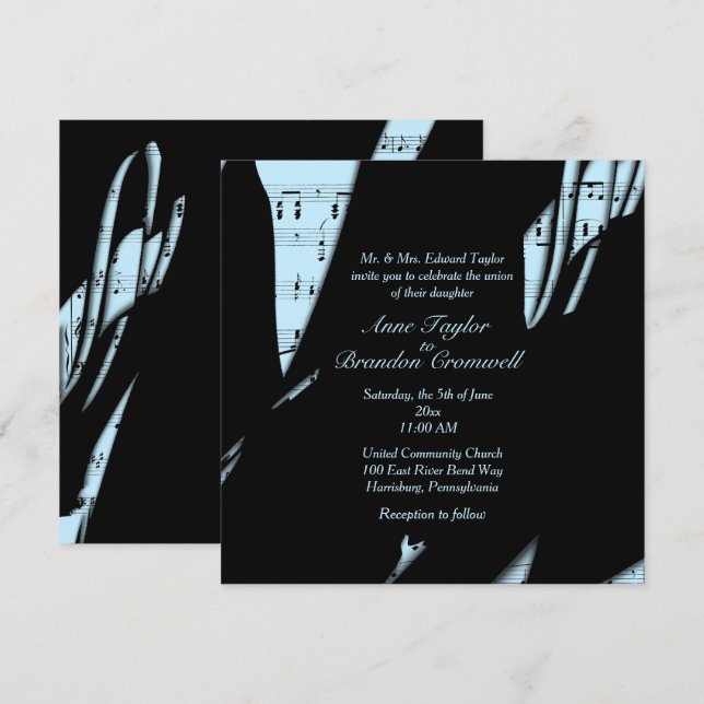 Invitation Musique Abstraite noire et bleu en poudre (Devant / Derrière)