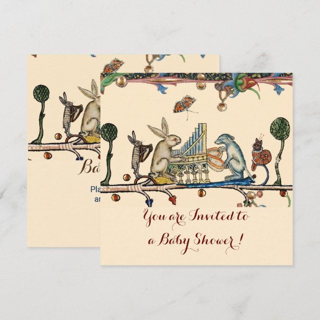 Invitation MUSIQUE BESTIAIRE MÉDIÉVALE Baby shower lapin et c (Devant / Derrière)