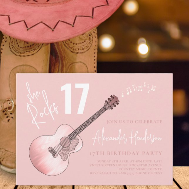 Invitation Musique country Guitare rose 17ème anniversaire (Cool country music pink guitar 16th birthday party invitation )